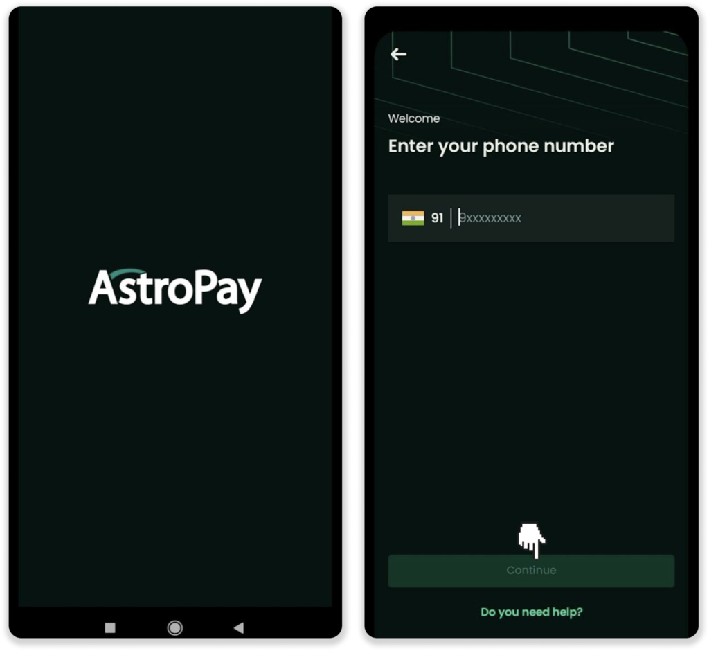 AstroPay digital wallet enter your phone number page