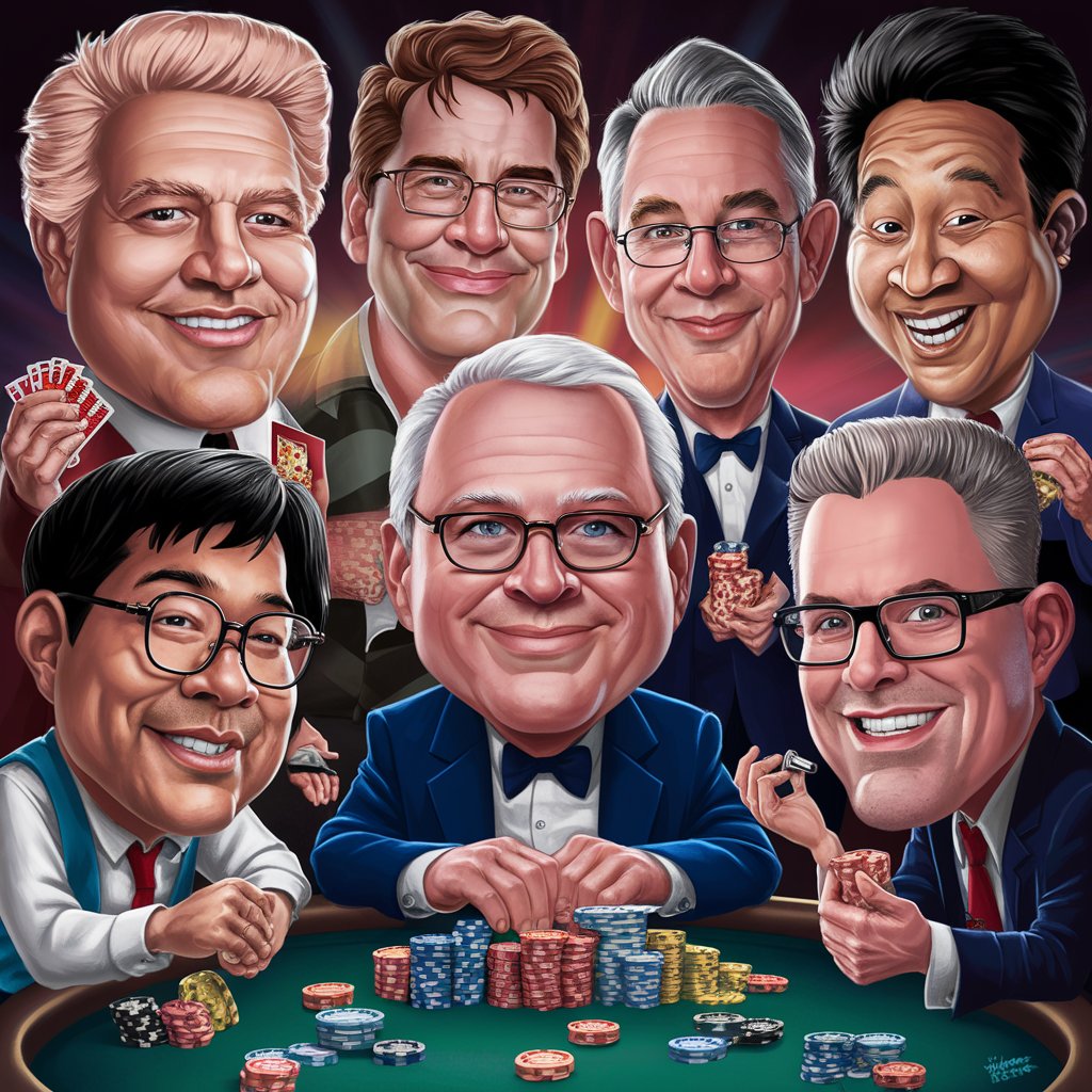 Colorful caricatures of legendary poker players Stu Ungar, Johnny Moss, Doyle Brunson, Johnny Chan, Chris Moneymaker, Jamie Gold, and Daniel Weinman, gathered around a poker table filled with chips and cards, showcasing their unique features in a fun, cartoony style.