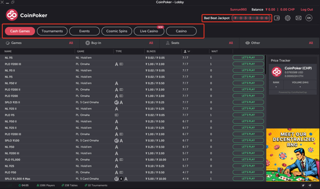 View of the CoinPoker cash game lobby showing available tables and stakes