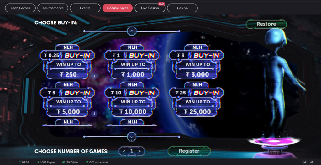 Screenshot of CoinPoker's Cosmic Spins with different buy-in levels and jackpot details