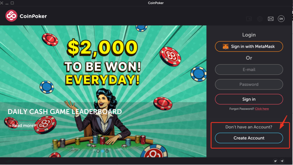 Click on "Create Account" to start your CoinPoker registration process
