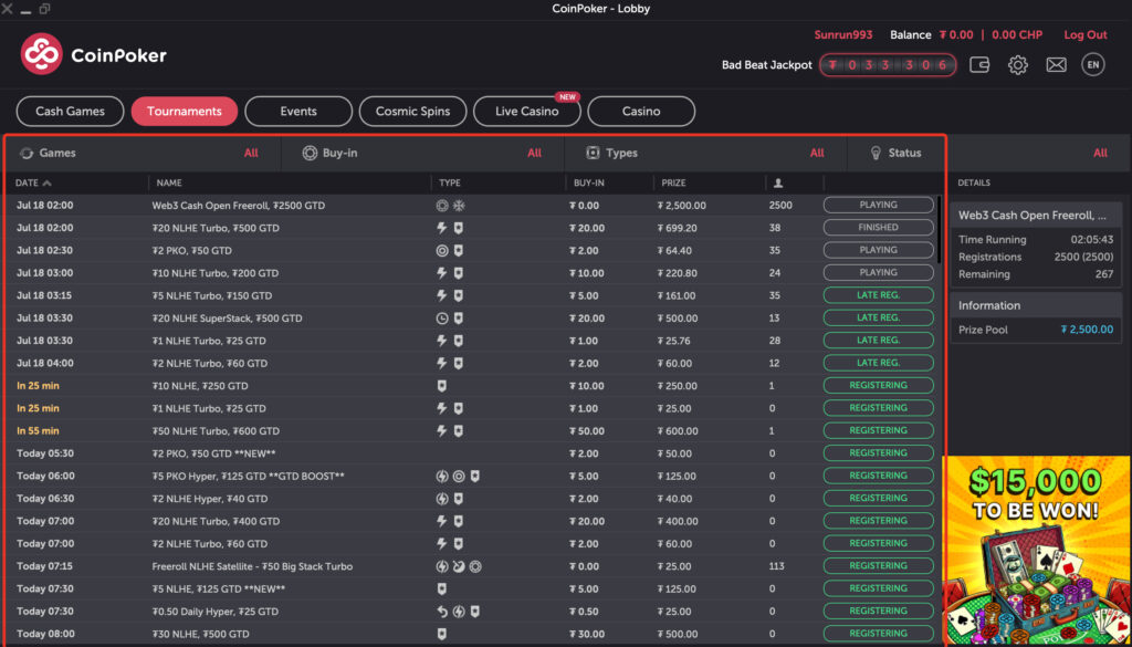 View of the CoinPoker tournament lobby displaying upcoming tournaments and buy-ins