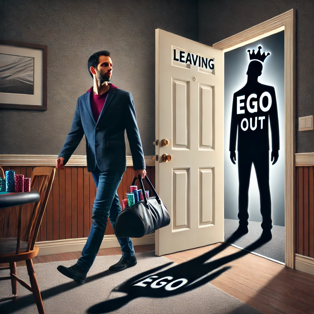 A poker player calmly leaving their house, leaving behind a symbolic ego figure at the door, illustrating the importance of leaving ego out of poker games.