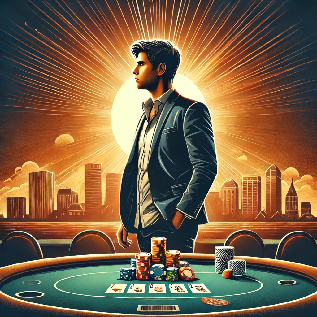 A poker player calmly walking away from a poker table after losing some hands, with a bright, rising sun in the background symbolizing a new day. The poker table is in the foreground with scattered chips and cards, conveying resilience and hope.