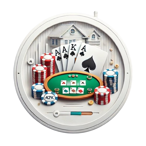 Realistic circular featured image with a white background, depicting a poker theme including detailed poker chips, a poker table, and playing cards showing AAKK