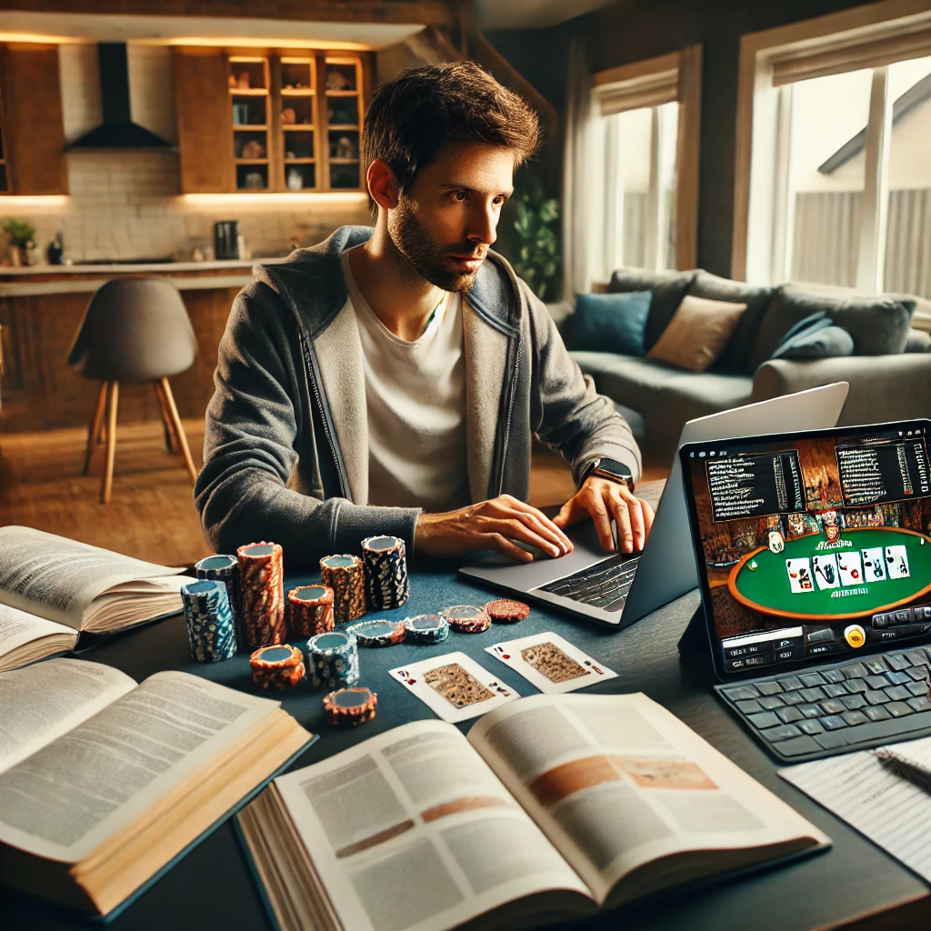 A person sitting at a desk with a laptop open, surrounded by poker books, notes, and a tablet showing poker strategy videos. The scene is well-lit with a modern home office background. The person appears focused, with a determined look on their face, as they analyze poker hands and take notes.