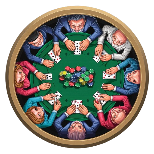 Poker poker table with players holding cards and stacks of chips, featuring a visible dealer button on a green felt surface with playing cards and poker chips spread out.