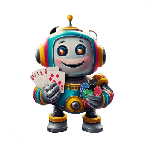 Small robot holding poker chips and cards, representing Poker AI for beginners.