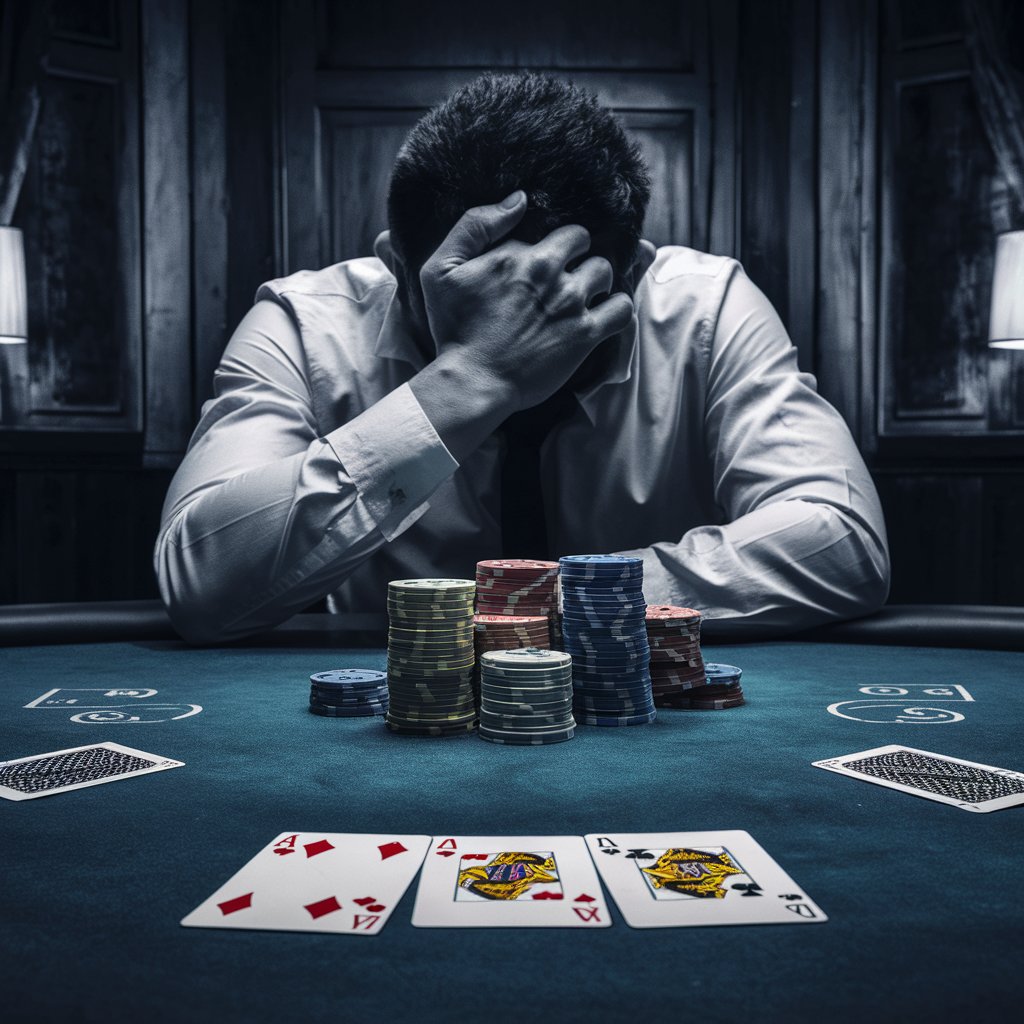 Poker player holding head in frustration with a losing hand on the table