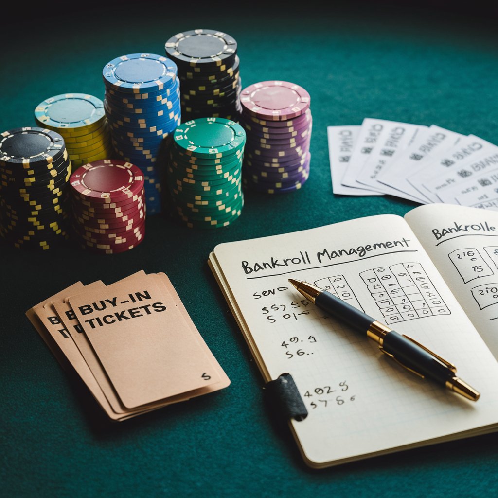 A well-organized poker table displaying neatly stacked poker chips, buy-in tickets, and a bankroll management notebook with a pen, emphasizing the importance of managing money in poker.