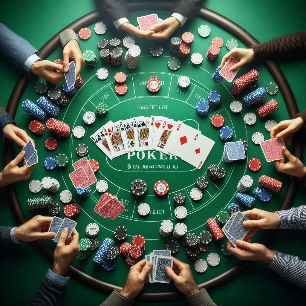 A poker table with players holding cards and stacks of chips, featuring a visible dealer button on a green felt surface with playing cards and poker chips spread out.