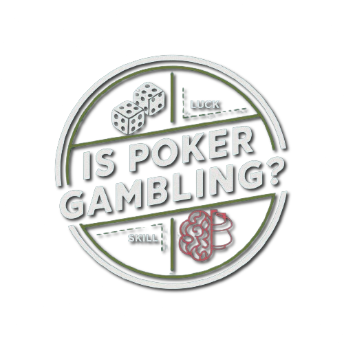 Circular image with dice and a brain, with the text "Is Poker Gambling?" prominently displayed.