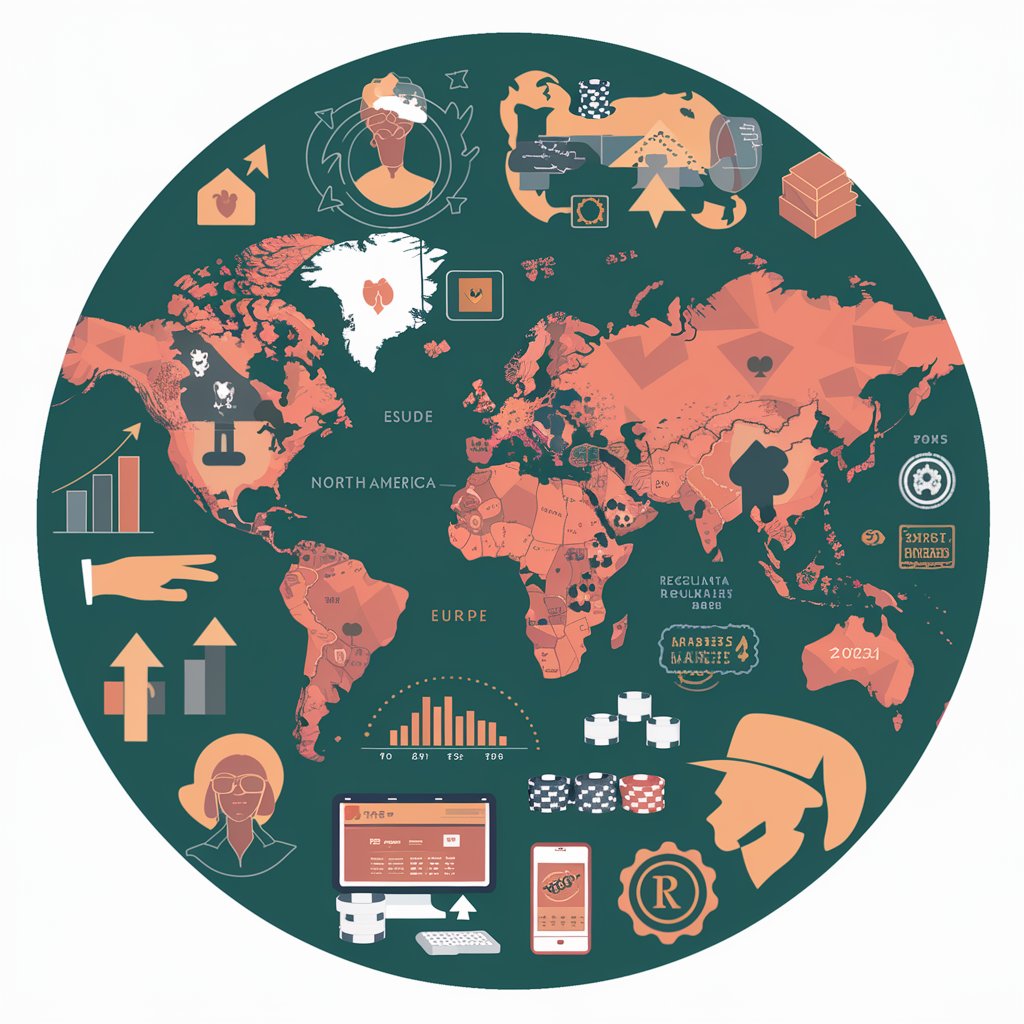 World map with highlighted regions showing poker chips, playing cards, and growth indicators for the global poker market in 2024.