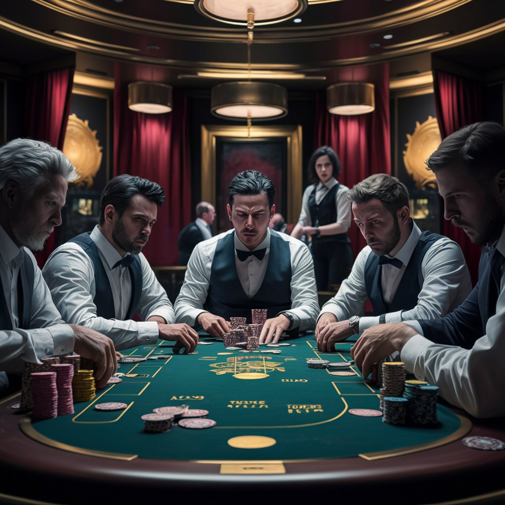 Players around a poker table focused on their cards with a dealer in the background