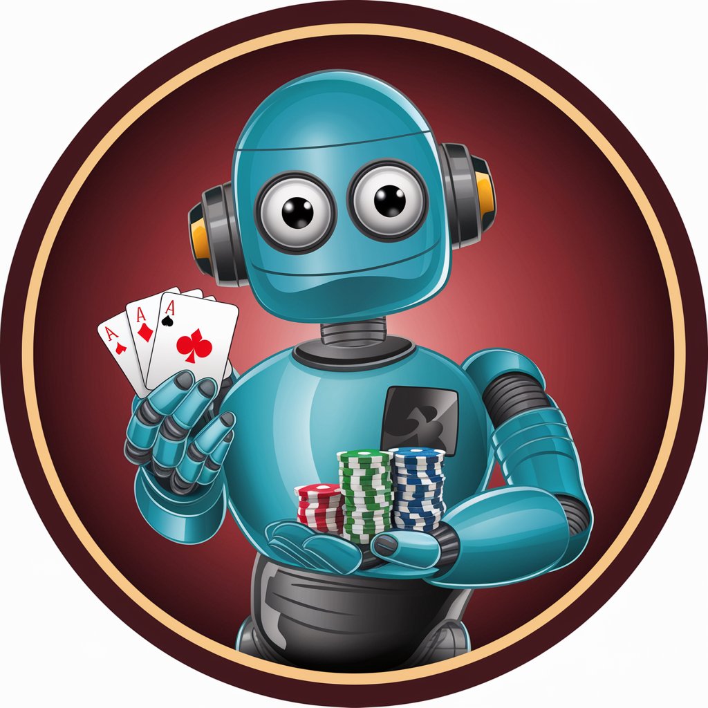 Robot playing poker, holding cards and chips