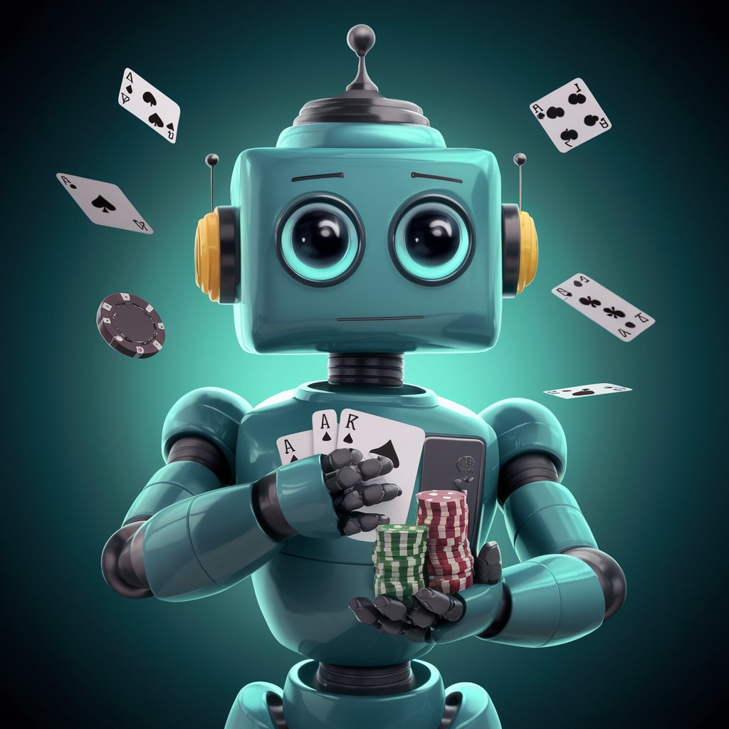 Robot playing poker, holding cards and chips