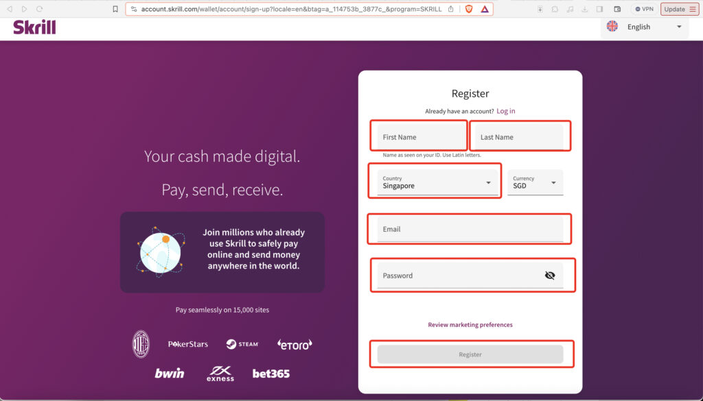 User navigating to fill out the registration form on the Skrill website.