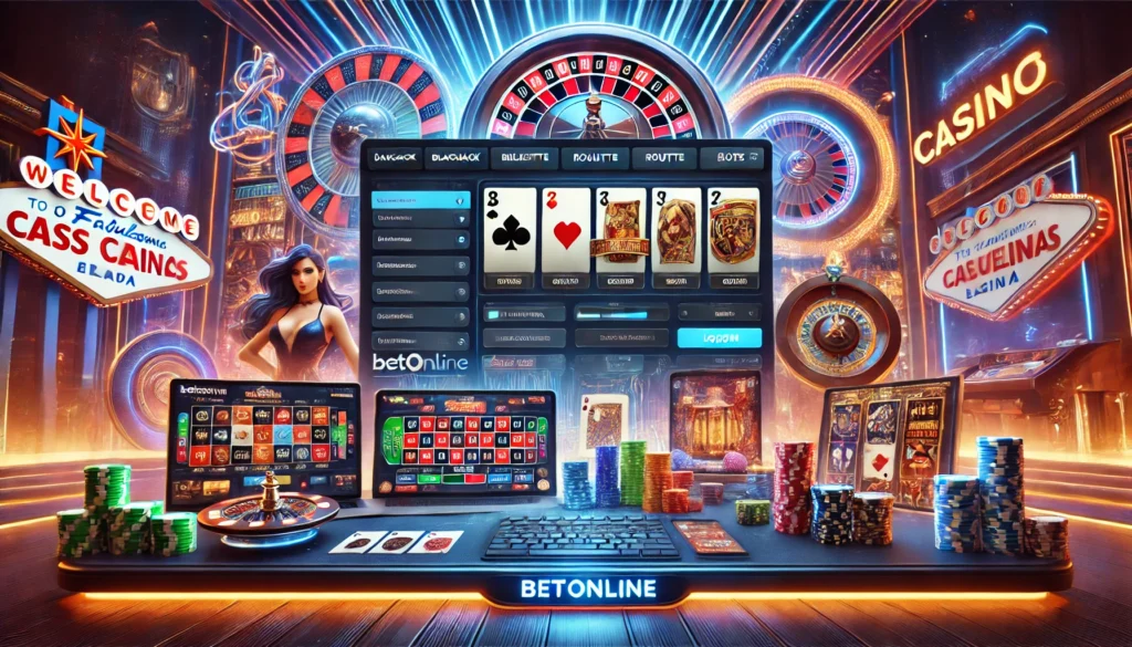 A dynamic and visually appealing online casino interface showcasing a variety of casino games on BetOnline, including options like blackjack, roulette, slots, and poker, with high-quality graphics and engaging animations.