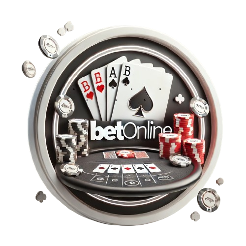 Circular image featuring a poker table with playing cards, poker chips, and the BetOnline logo in the background on a white background.