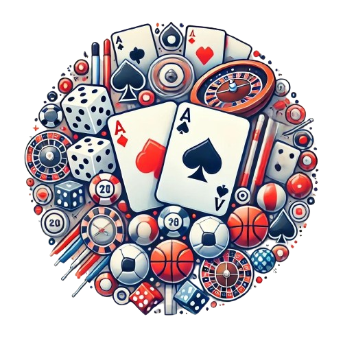 Circular featured image for 'BetOnline: A Comprehensive Guide' showcasing a pair of Aces ('AA') with elements of sports betting, casino games, and poker, including dice, a roulette wheel, and sports balls on a white background.