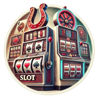 A circular white background image featuring a vintage slot machine with classic symbols and a modern digital slot machine with vibrant graphics, showcasing the evolution of slot machines.