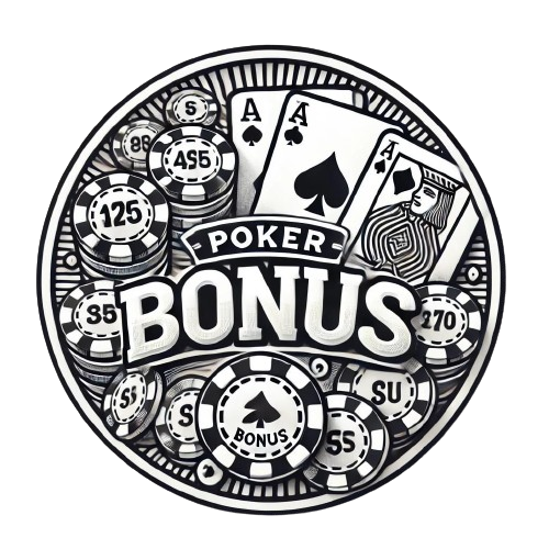 A circular digital illustration on a white background representing a poker bonus, featuring well-designed poker chips, a deck of playing cards with an Ace and King visible, and a prominent bonus sign.