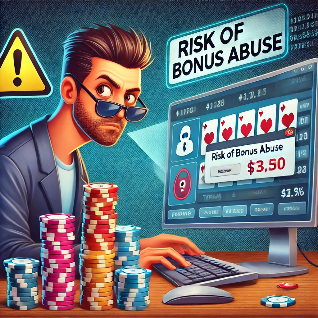 Illustration of a poker player at a computer with multiple accounts open, stacks of poker chips, and warning signs highlighting the risk of bonus abuse in online poker.