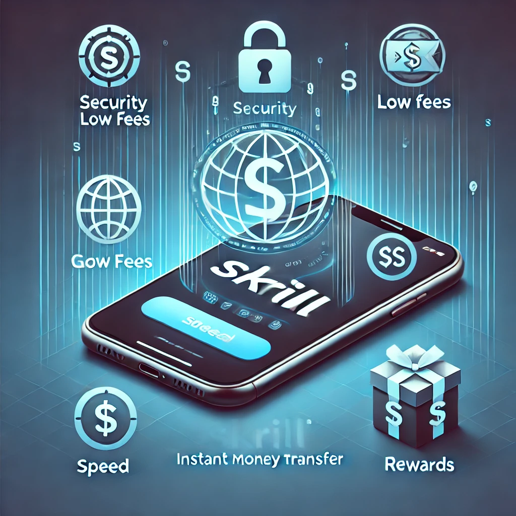 A smartphone displaying the Skrill app interface with an instant money transfer in progress. The background features icons symbolizing key benefits of using Skrill: security with a padlock icon, low fees with a dollar sign and downward arrow, global accessibility with a globe, speed with a stopwatch, and rewards with a gift box. The design is sleek and modern, highlighting the convenience and efficiency of Skrill for instant money transfers.