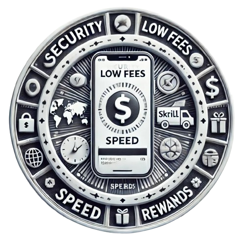 A circular image featuring a smartphone displaying the Skrill app interface with an instant money transfer in progress. The icons representing security (padlock), low fees (dollar sign and downward arrow), global accessibility (globe), speed (stopwatch), and rewards (gift box) are arranged within the circle. The background is completely white, and the design is sleek and modern, emphasizing the convenience and efficiency of Skrill for instant money transfers.