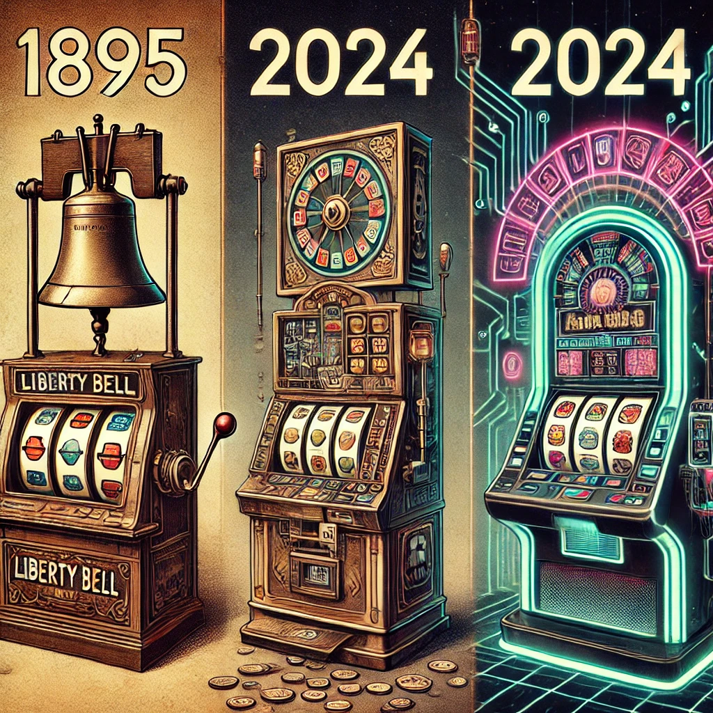 An illustration depicting the evolution of slot machines from 1895 to 2024. On the left is the 1895 Liberty Bell slot machine with a mechanical design and classic symbols. In the center is a 1960s electromechanical slot machine with flashing lights and a lever. On the right is a futuristic 2024 slot machine with a sleek curved touch screen, neon accents, holographic displays, and augmented reality interfaces, representing the advanced technology of modern slot gaming.