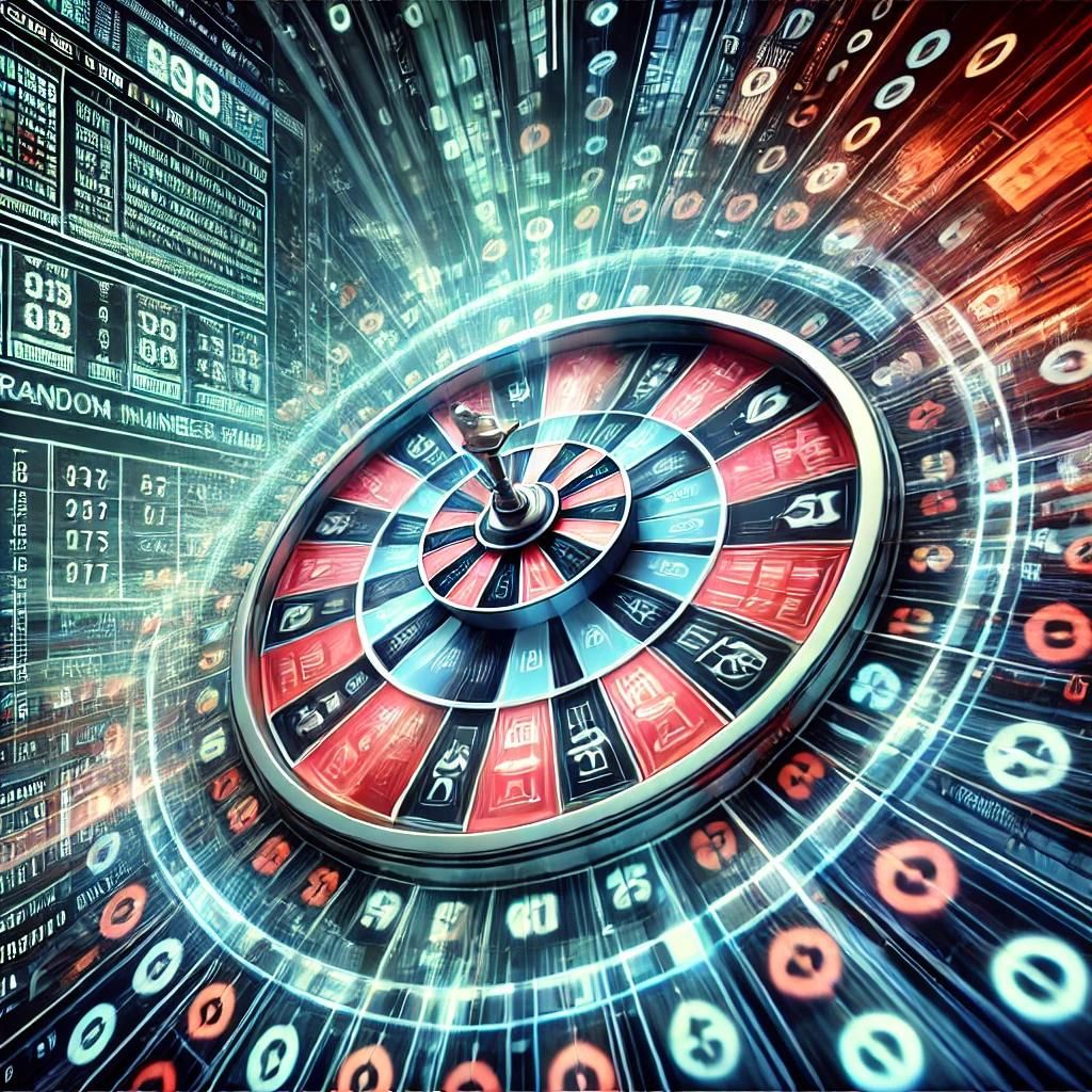 Close-up illustration of a computer screen displaying a digital algorithm and spinning wheel, representing the role of Random Number Generators (RNGs) in ensuring fairness and randomness in online casino games.