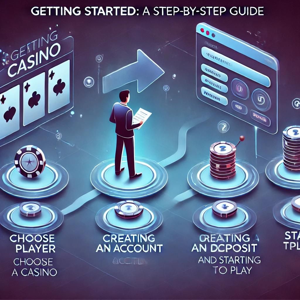 Visual guide showing the steps to start playing at an online casino, including choosing a platform, creating an account, making a deposit, and beginning to play.