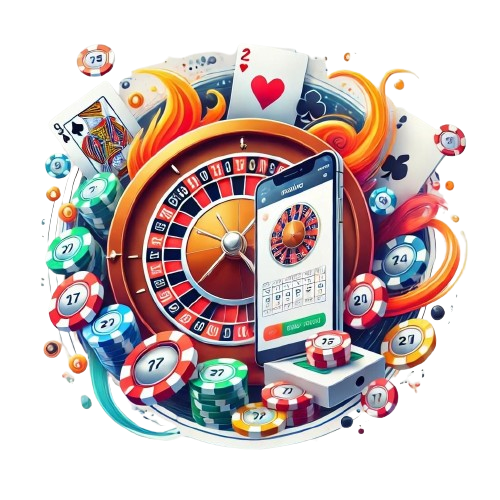 Circular image depicting online gambling elements including casino chips, a spinning roulette wheel, playing cards, and a mobile device on a white background.