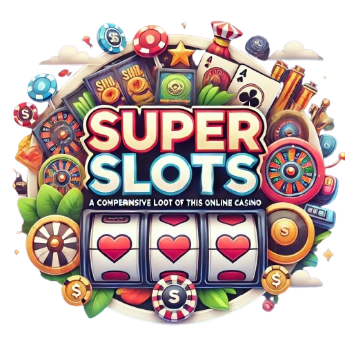 Featured image for Super Slots Review blog post, showcasing casino elements such as slot machines and digital gambling icons, with the text 'Super Slots Review' inside a circular white background.