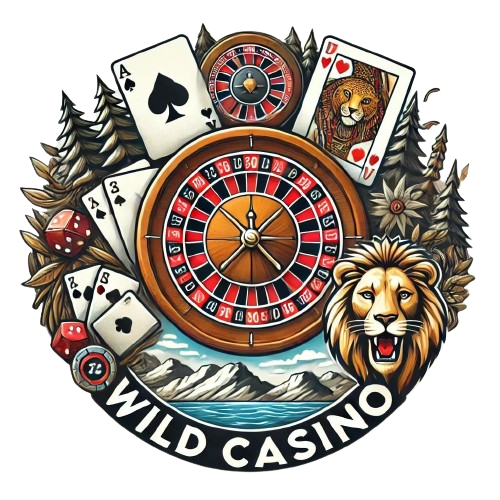 Wild Casino circular image featuring a stylized roulette wheel, playing cards, and dice integrated with natural elements like trees and a lion, symbolizing the blend of Las Vegas excitement and the untamed wilderness on a white background.