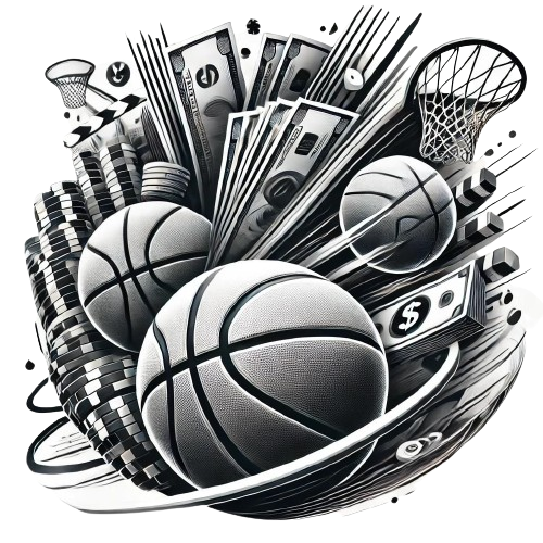 Sports-themed circular image with footballs, basketballs, and stacks of cash on a white background, symbolizing excitement and potential winnings in sports betting.