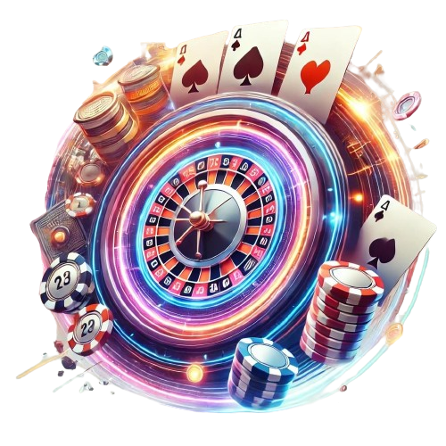 Futuristic digital casino interface with poker chips, cards, and slot machine reel.