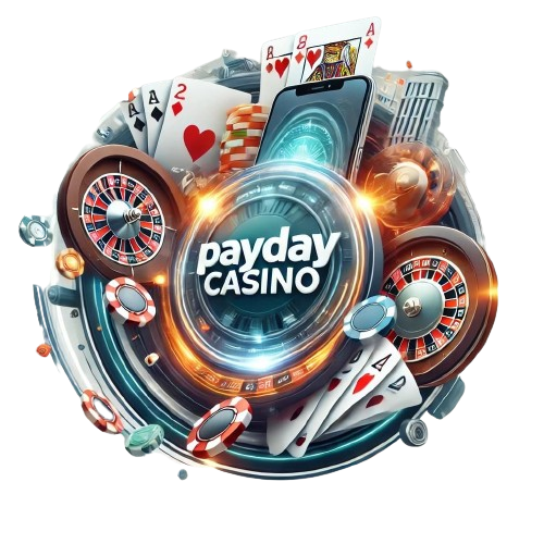 Dynamic and modern representation of online gambling at PayDay Casino with playing cards, poker chips, a roulette wheel, and a smartphone.