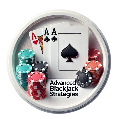 Featured image of advanced blackjack strategies with a close-up of a winning hand (Ace of Spades and Jack of Hearts) and a stack of colorful poker chips on a circular white background.