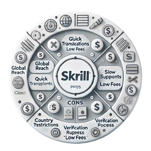 A circular image depicting the pros and cons of using Skrill, featuring symbols for global reach, quick transactions, low fees, and merchant integration on one side, and country restrictions, slow customer support, and a verification process on the other.