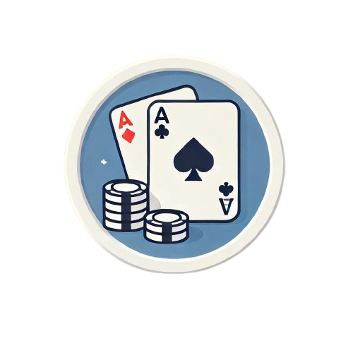 Circular image with a white background featuring an Ace and King playing card along with poker chips.