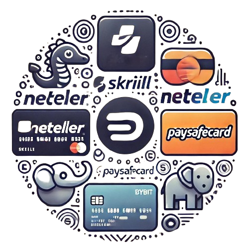 Icons of Skrill, Neteller, PaySafeCard, and Bybit on a white background