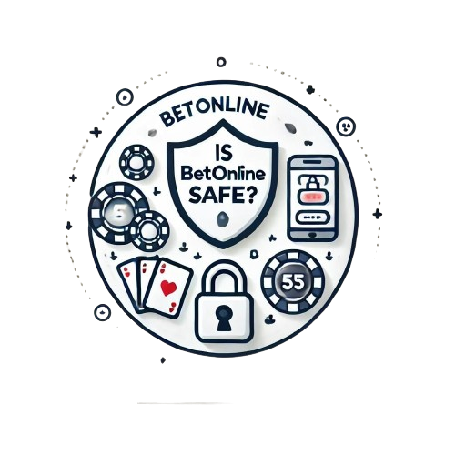 Circular feature image representing online gambling safety with icons of a shield, a padlock, playing cards, chips, and a mobile device on a white background."