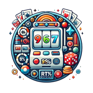 Stylized slot machine with 96% RTP displayed, surrounded by gambling symbols like coins, dice, playing cards, and jackpot icons on a white circular background.