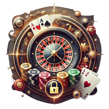 Feature image for Haz Casino review blog post with a circular white background, featuring a digital roulette wheel, colorful poker chips, aces and eights cards, and a glowing padlock symbol, representing luxury, excitement, and security.