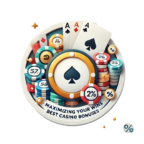 Featured image for a blog post about maximizing wins with the best casino bonuses, featuring a circular design with a golden casino chip, playing cards, poker chips, a slot machine, and bonus icons on a white background.