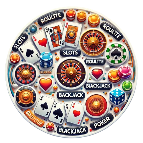 Icons of popular casino games including slots, roulette, blackjack, and poker on a circular white background. The icons are designed in a modern, colorful style, representing a beginner-friendly introduction to online casino games.