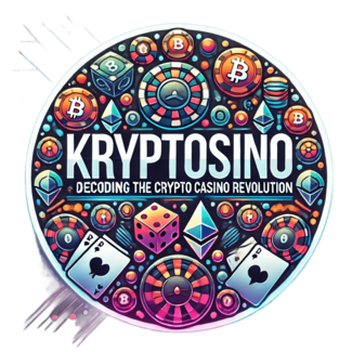 Featured image for Kryptosino Review blog post, showcasing cryptocurrency symbols like Bitcoin and Ethereum alongside casino elements like playing cards, dice, and a roulette wheel on a white circular background with neon accents.