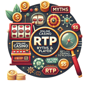 Featured circular image for a blog post about online casino slot RTP myths and facts, featuring symbols of slot machines, coins, RTP icons, and a magnifying glass, with a vibrant color scheme of golds, reds, and greens.