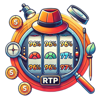 Stylized slot machine with RTP percentages, magnifying glass, coins, and a detective hat, symbolizing the search for Return to Player (RTP) information and its impact on betting strategy.